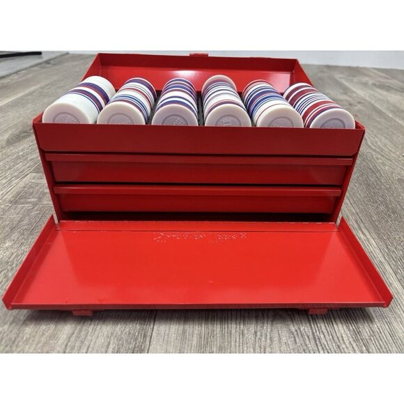 Vtg Snap-On Tools Party Box Poker Chips Set Deck Cards Dice Cribbage - Picture 9 of 11